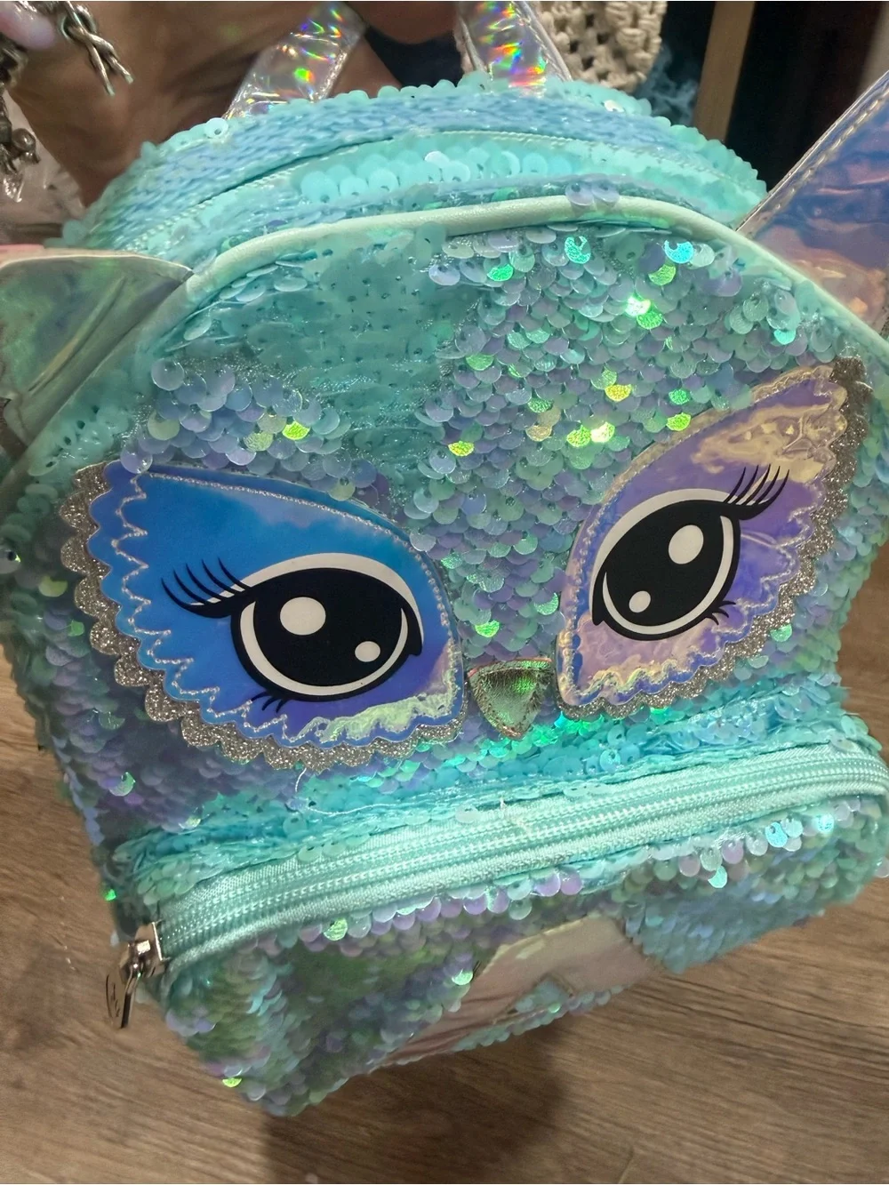 A initial Justice Aqua Blue Sequin Owl Mini Backpack 10”x8”x2.5”
